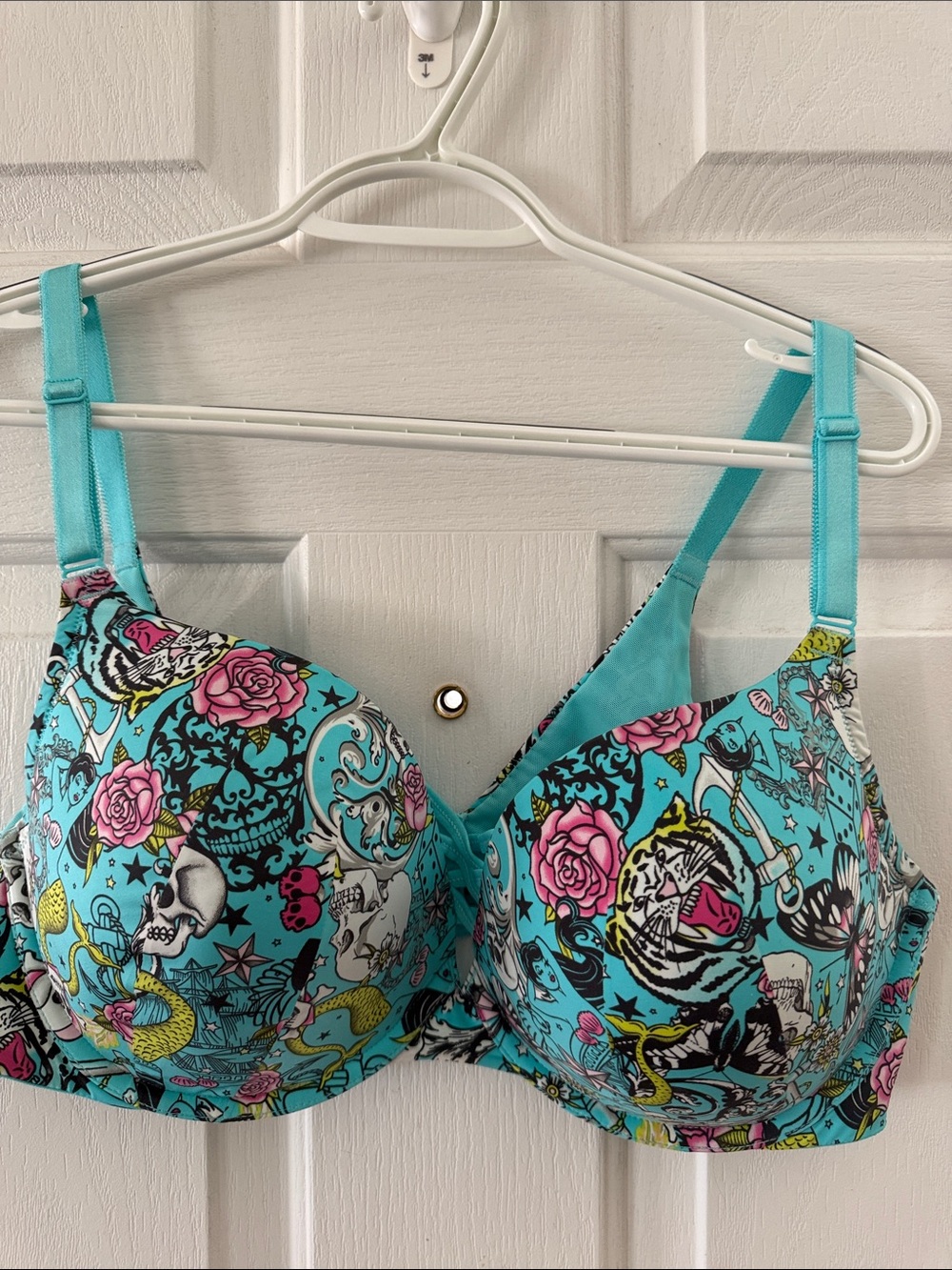 Turquoise Floral & Skull Print Underwire Bra 40dd